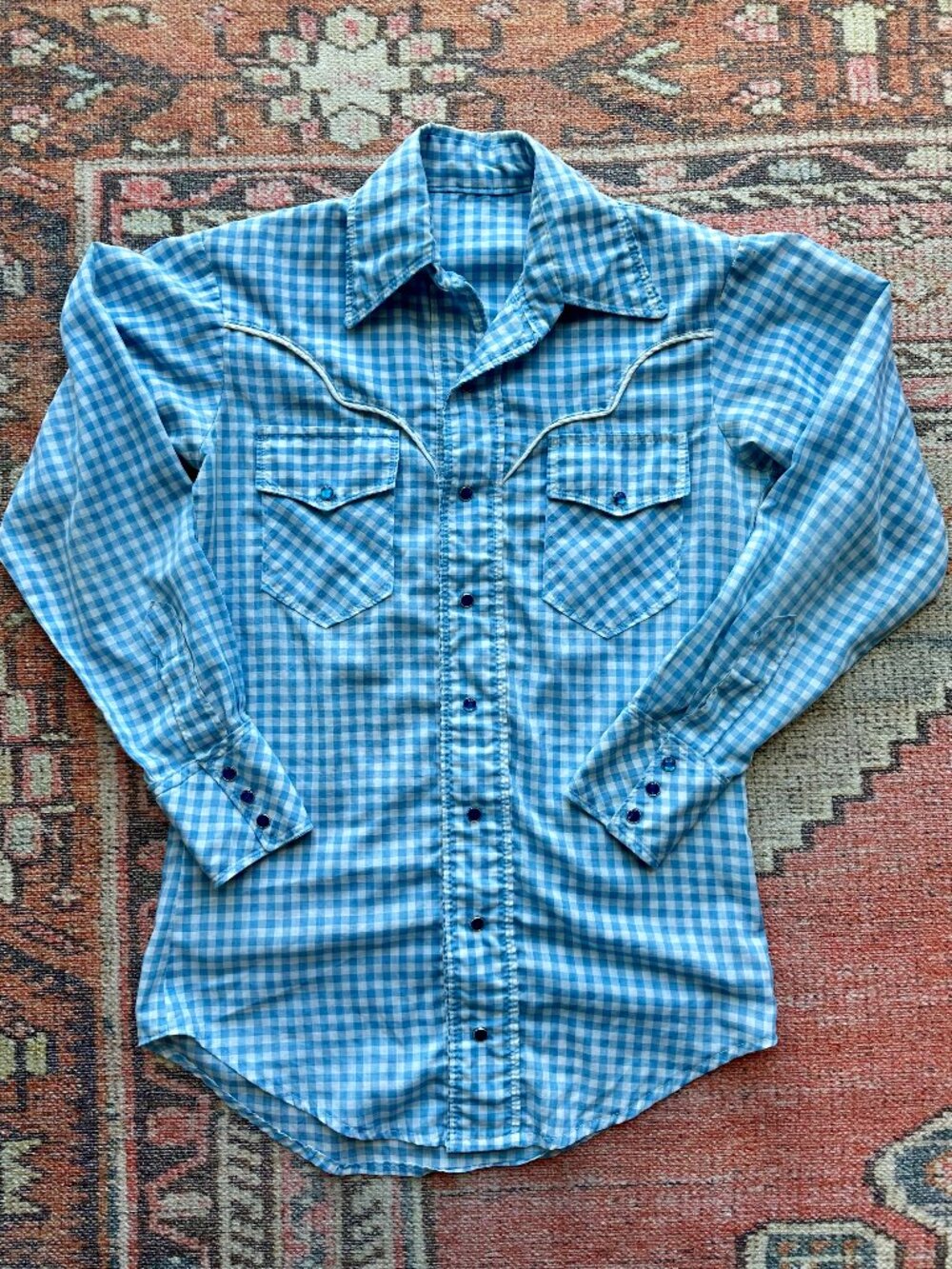 Vintage 70s Light Blue Gingham Pearl Snap Western Shirt
